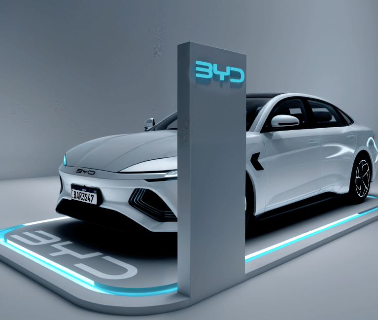 Diseño y renderizado de vistas 3D de un stand para BYD , ideal para presentaciones comerciales, planificación de espacios y visualización previa a producción.