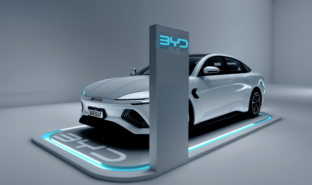 Diseño y renderizado de vistas 3D de un stand para BYD , ideal para presentaciones comerciales, planificación de espacios y visualización previa a producción.